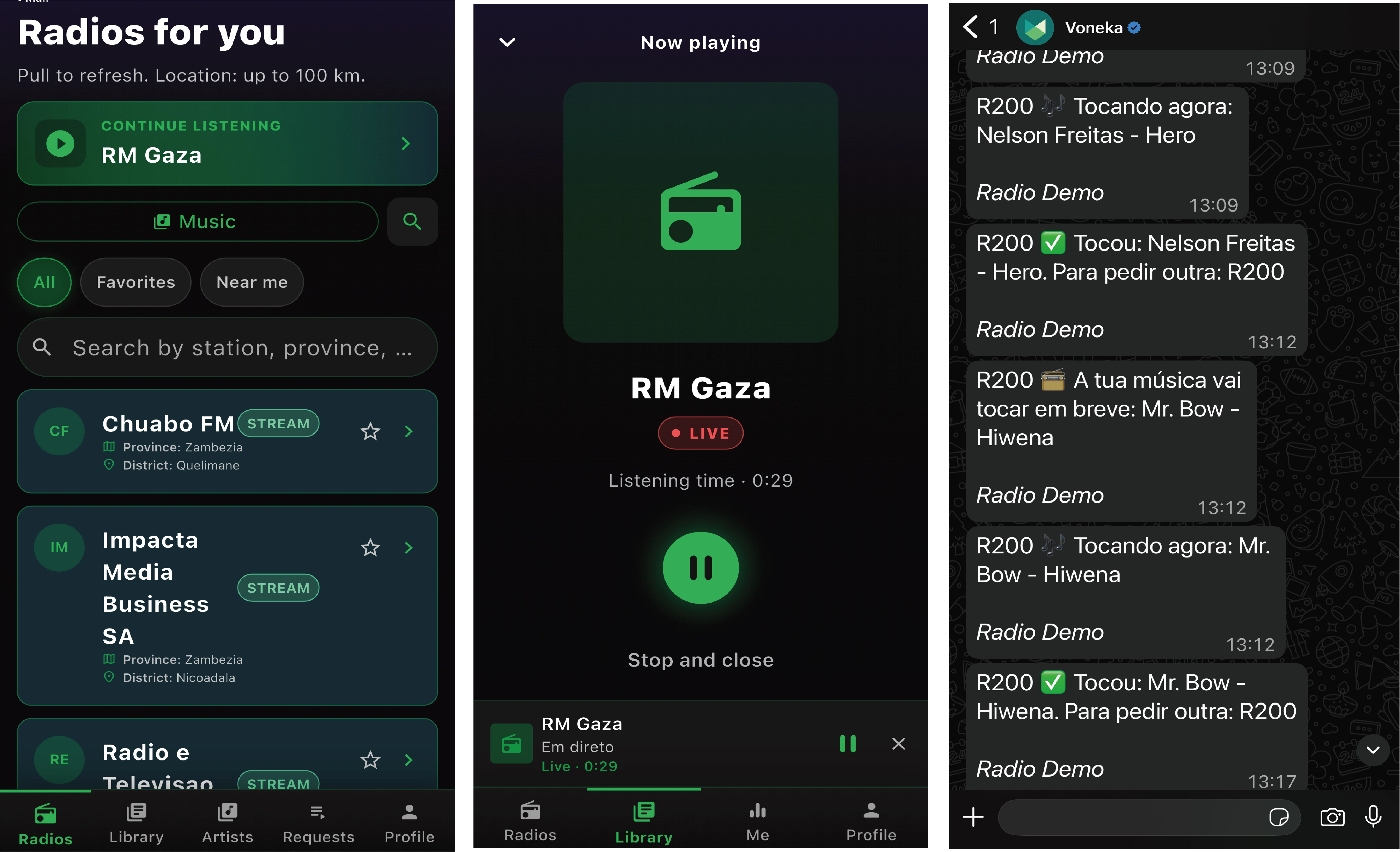 Ecrã inicial da app de ouvintes