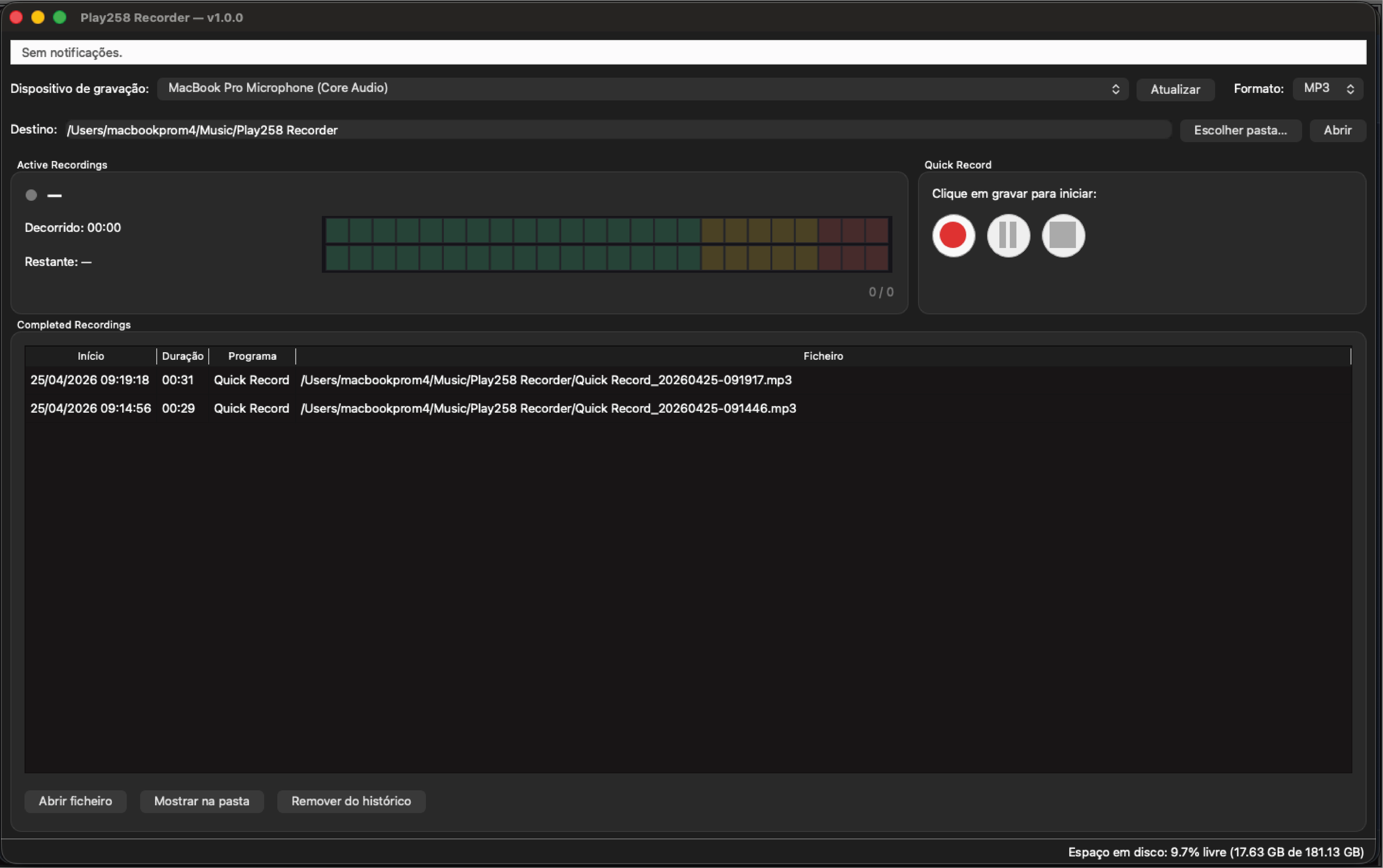 Vista de agendamento do Recorder 258